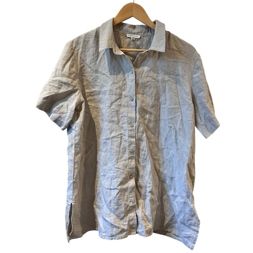 Eileen‎ Fisher Organic Linen Classic Collar Short Sleeve Shirt Size Medium